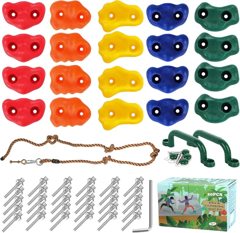 20 Stück Klettergriffe Kinder Outdoor, Klettersteine Kletterwand Griffe Für Spielturm, mit 2 Griffen und 270 cm Kletterseil, Rock Wall Climbing Holds für Spielplatz Spielset Zubehör Set