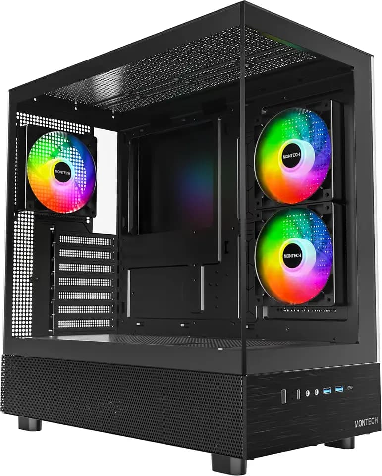 MONTECH XR Panoramic ATX Gaming PC Case, Mid Tower, 3 ARGB PWM Fans, Black