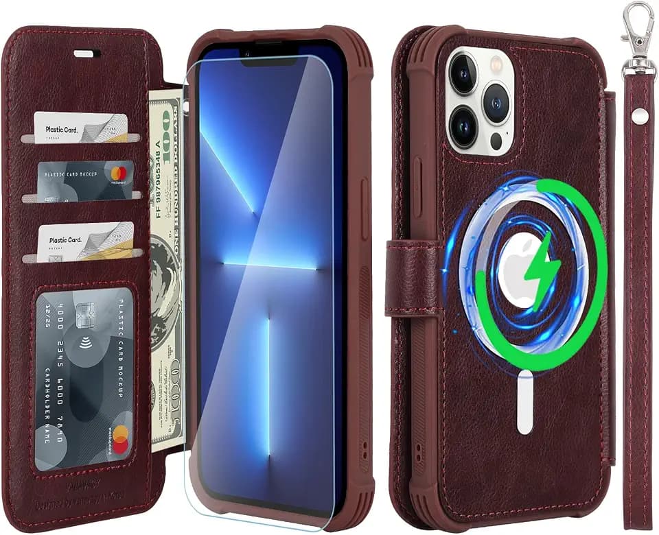 VANAVAGY Wallet Case for iPhone 13 Pro Max for Magsafe, Burgundy