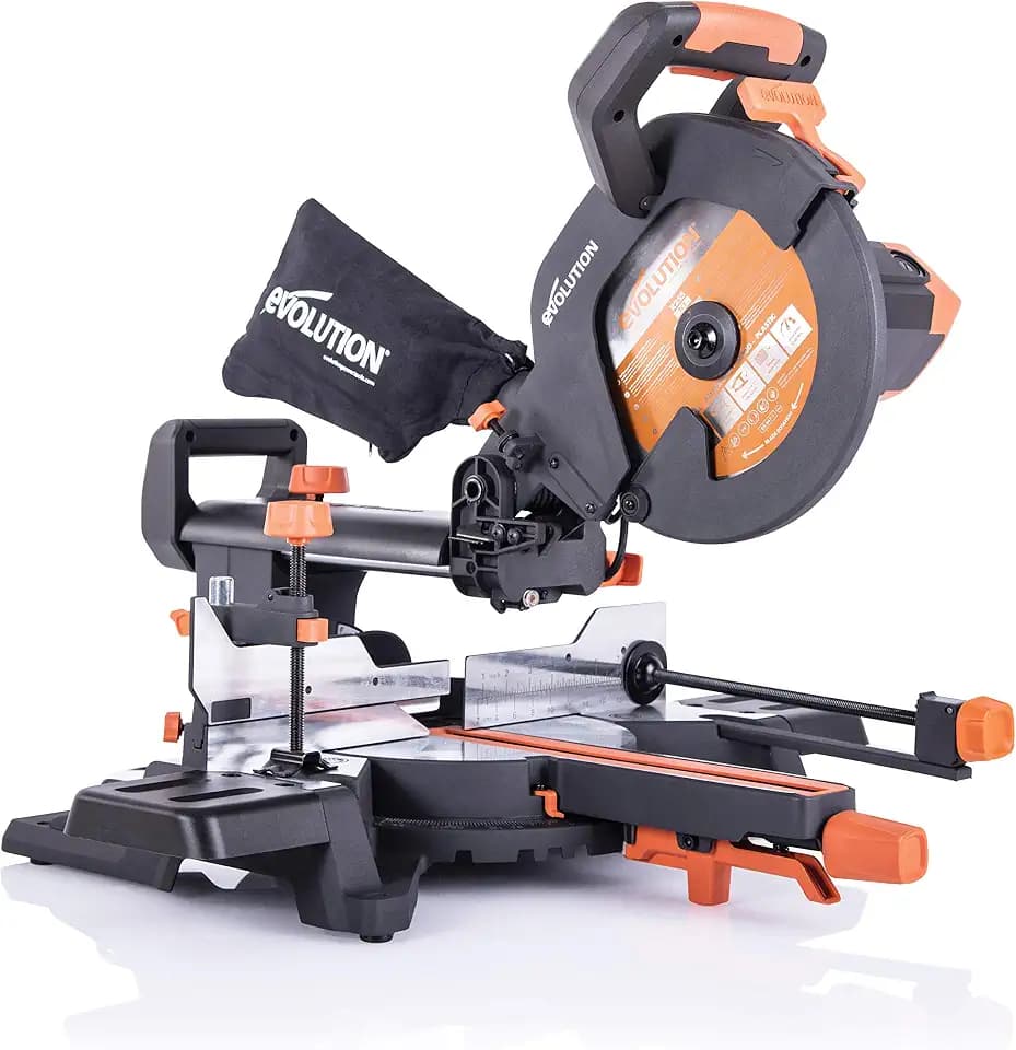 Evolution Schiebe-Kapp- und Gehrungssäge R255SMS+ | 2000 W, 300 mm Gleitfunktionalität, Schrägschnitt, Gehrungswinkeln | Ø 255 mm HM / TCT Sägeblatt für Multimaterialschnitt | Zug-kapp-gehrungssäge