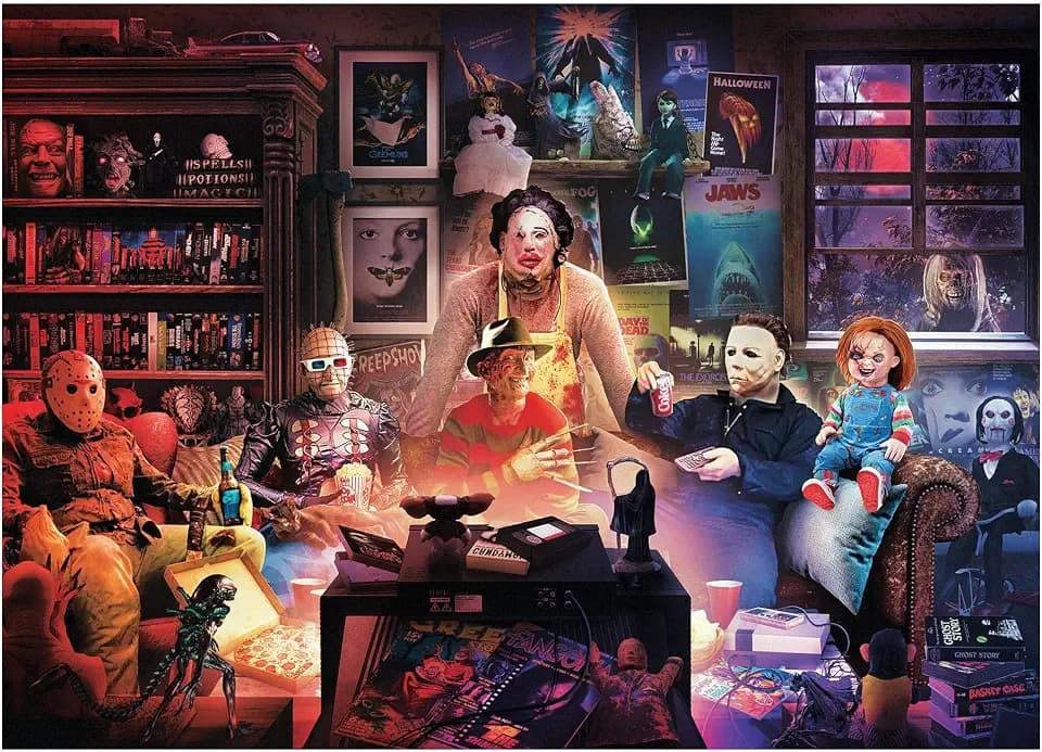 Horror Night Watch Party 1000-Piece Jigsaw Puzzle By Rachid Lotf | Brain Teaser for Adults, Educational Developmental Toys & Games, Building Kit Activities to Encourage Creative Play | 28 x 20 Inches