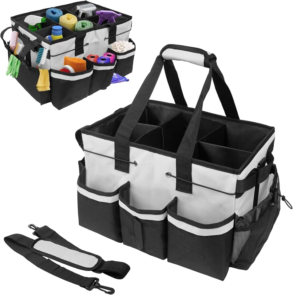 ZKOO Large Cleaning Caddy Bag with Handle, Built-in Sturdy Support Board, Adjustable Shoulder Strap, Multi-compartment Design Cleaning Supply Tote for Cleaners & Housekeepers (White)