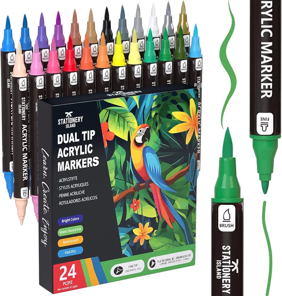 STATIONERY ISLAND Acrylstifte für Steine Wasserfest 24 Farben 1-5mm Dual Tip Acrylmarker für Halloween Basteln, Kürbis Malerei, Rock Painting, Glas, Papier, Ei, Leinwand, Keramik, Stoff, DIY Crafts