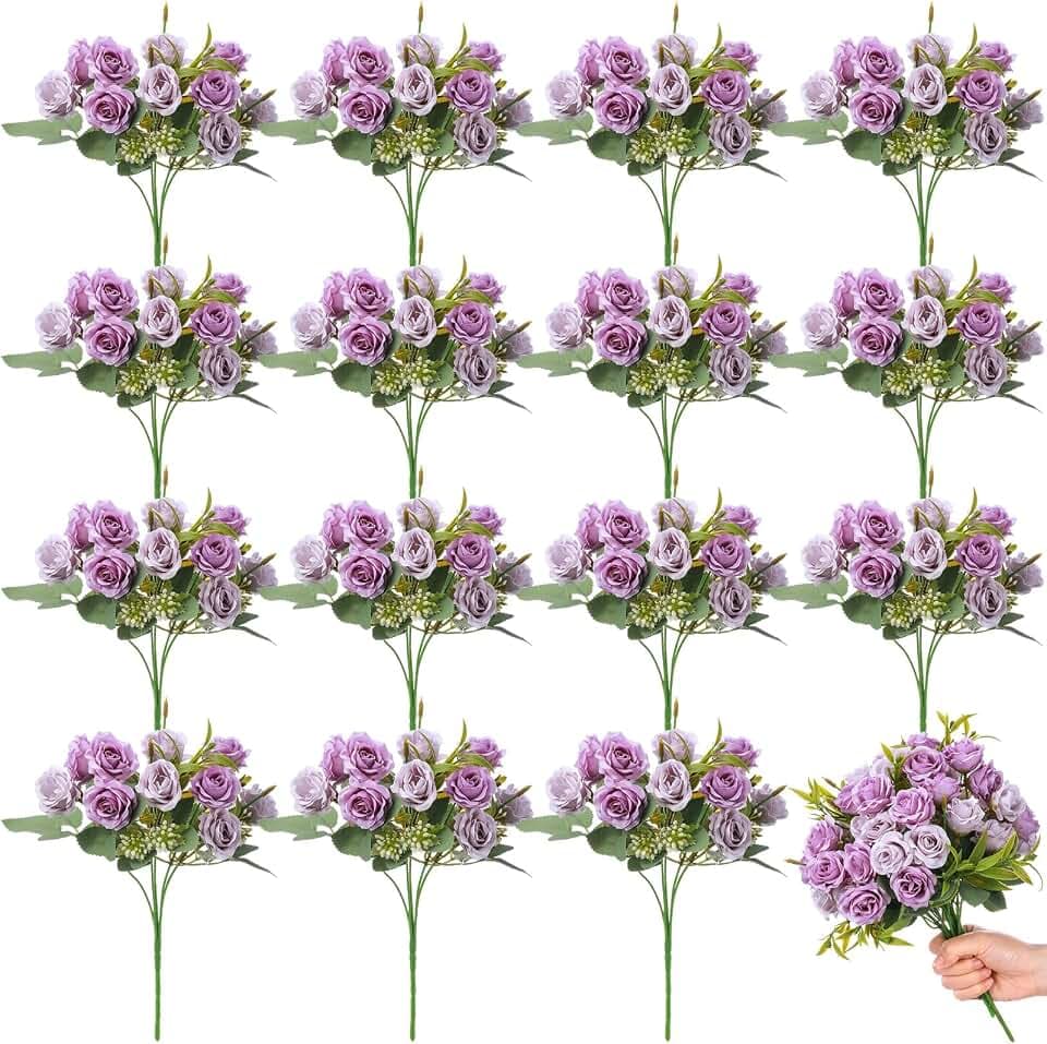 Zeyune 16 Bunches Artificial Rose Bouquet, Purple and Light Purple