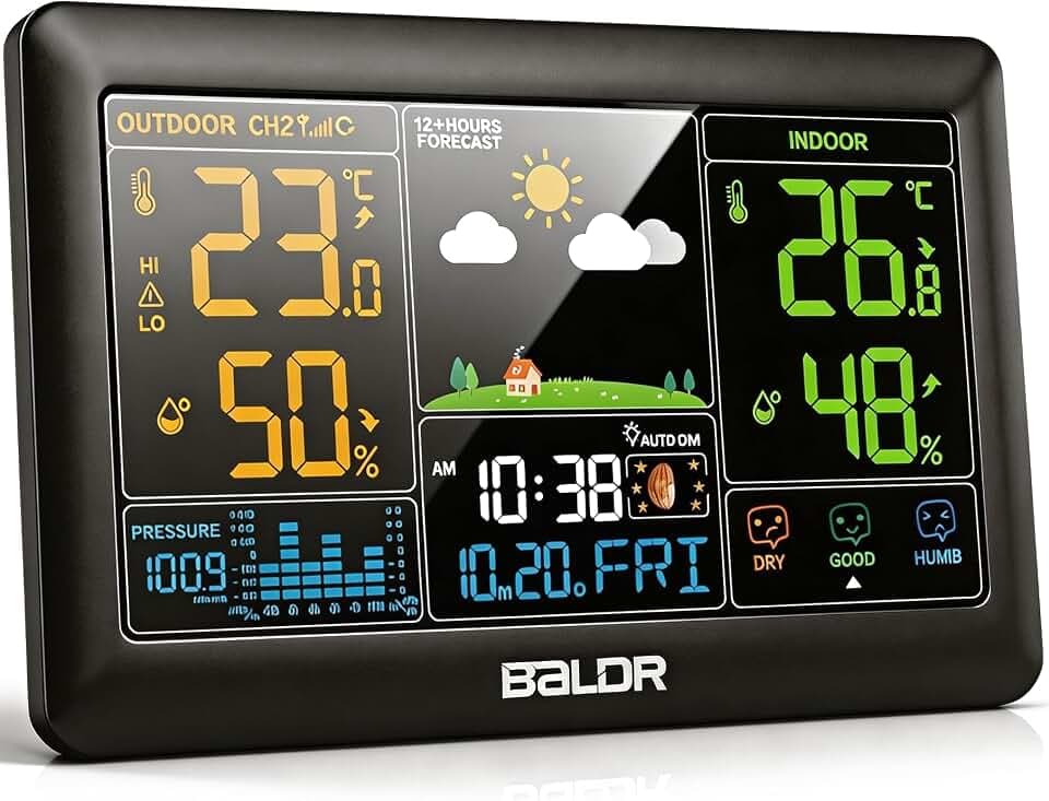 Konsen Wetterstation Funk mit Außensensor, 7,4" Farbdisplay mit automatische Dimmung nach Zeitplan, DCF Funkuhr, Innen- & Außentemperatur, Luftfeuchtigkeit, Luftdruck, Wettervorhersage