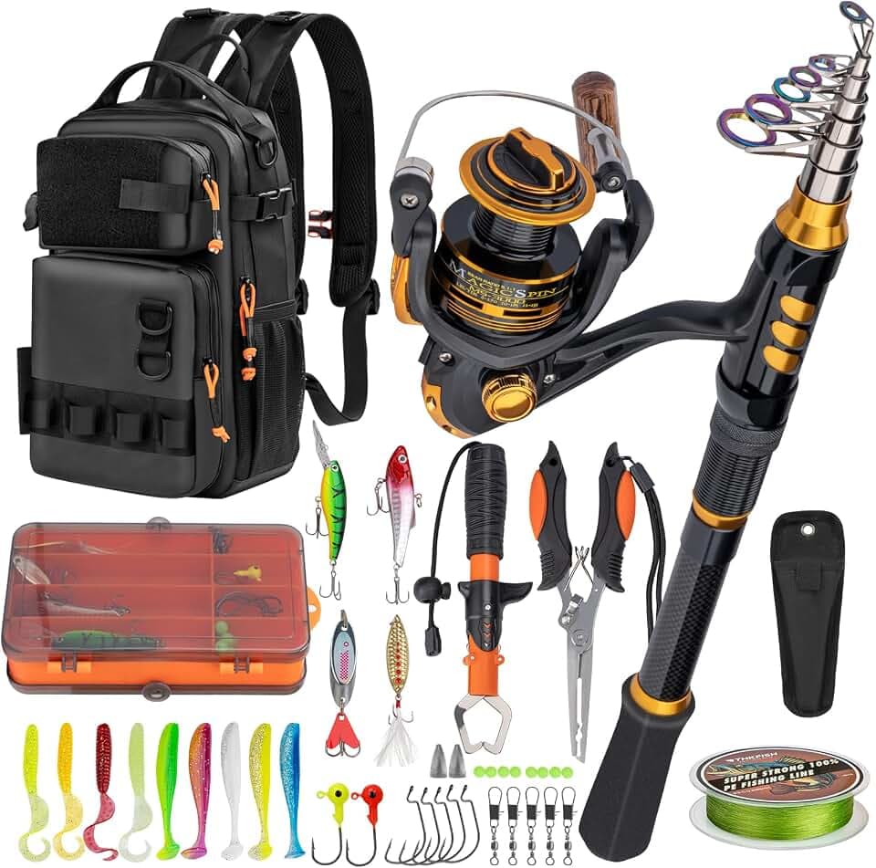 THKFISH Angelruten- und Rollen-Set mit Rucksack, Teleskop-Angelrute, Spinnrolle, Angelködern, Zange und Fischgreifer für Erwachsene