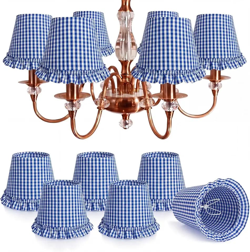 Gerrii Set of 6 Navy Blue Gingham Ruffled Chandelier Lamp Shades