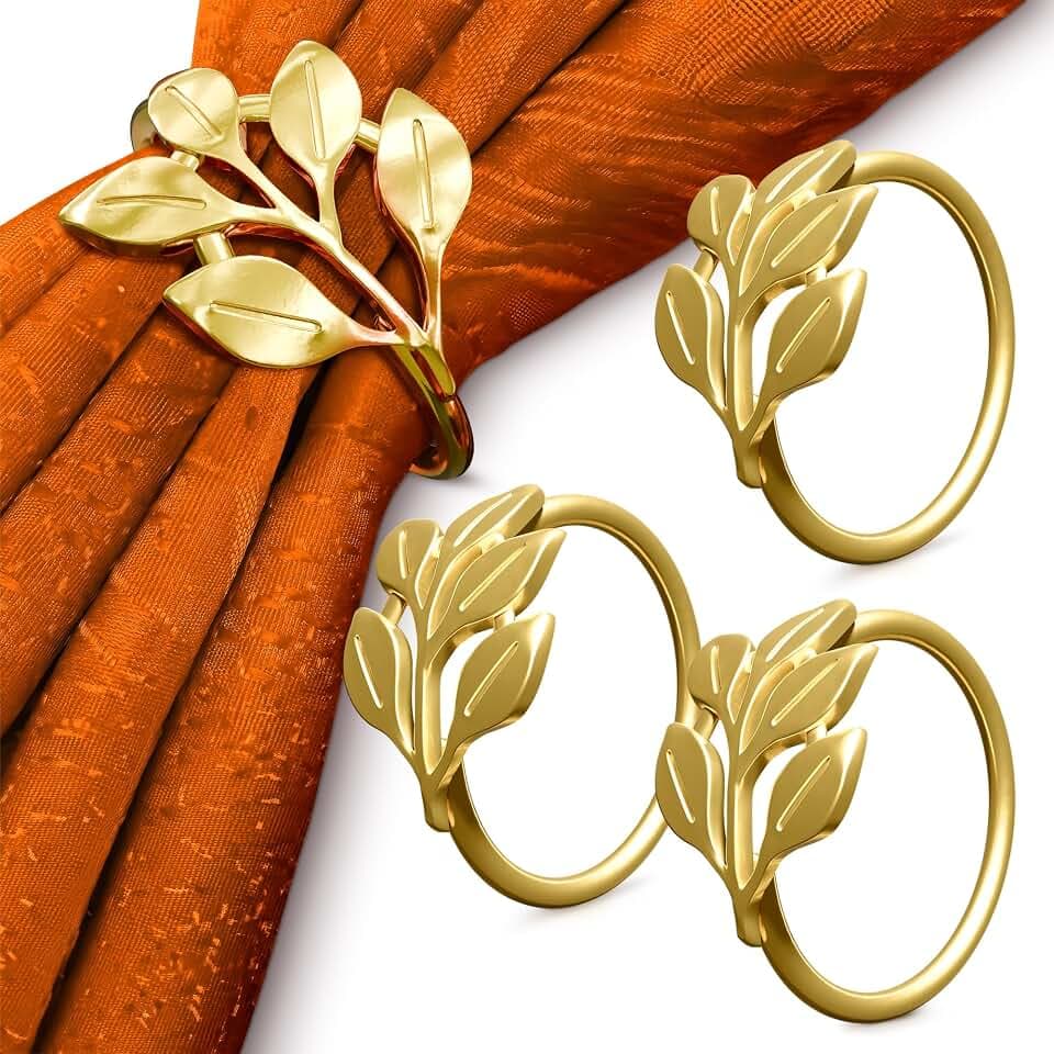 20 Pcs Gold Napkin Rings with Leaf Design, 1.38 Inch Inner Diameter