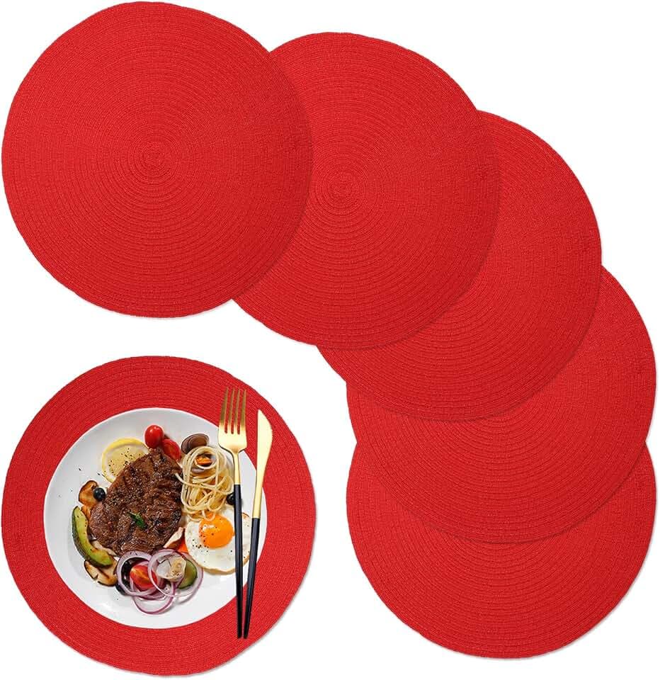 Tischset/Platzset,tischsets abwaschbar abwischbar Rund Baumwolle Platzsets,6 Stück, 36cm, für Küche Speisetisch, Party Dekor(rot)