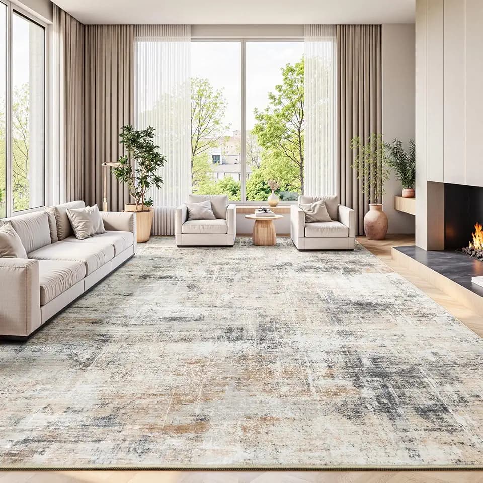 9x12 Area Rug for Living Room, Abstract Washable Non-Slip Large Rugs, Gold
