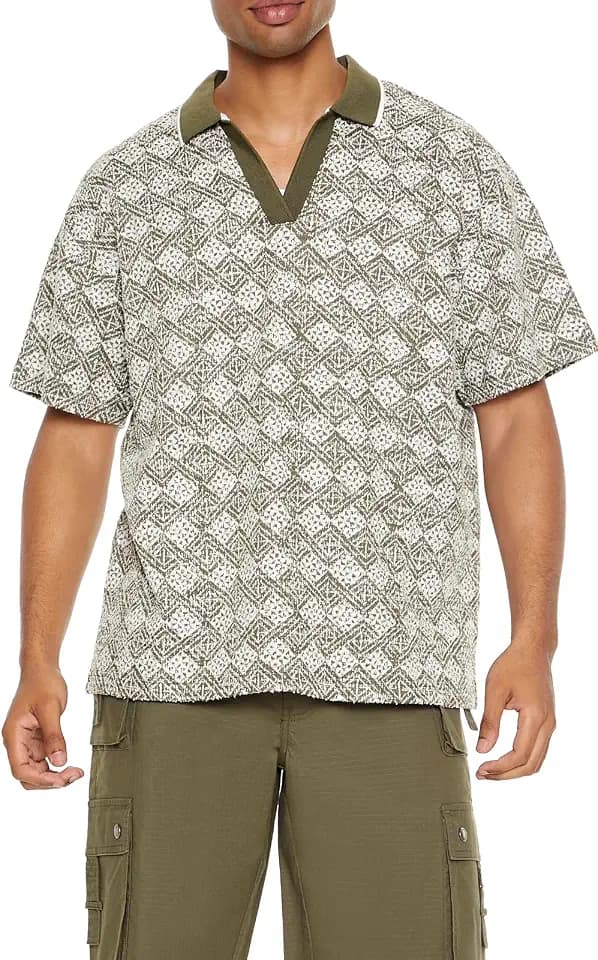 Forever 21 Men's Textured Geo V-Neck Polo Shirt
