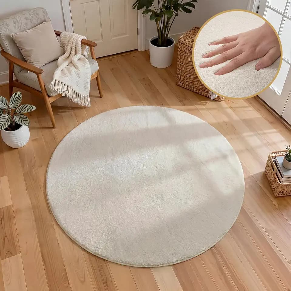 Homcomodar Teppich Rund 120cm Beige Wohnzimmerteppich Flauschiger Teppich Anti-Rutsch Teppiche Schlafzimmer Kurzflor für Schlafzimmer,Wohnzimmer,Esszimmer,Küchenteppich,Kinderzimmer