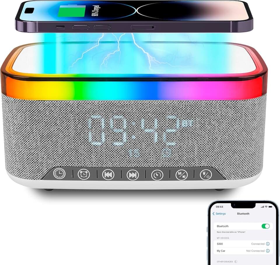 LED Nachttischlampe Mit Ladefunktion, 3 in 1 15W Kabelloses Laden Tischlampe Bluetooth Lautsprecher AtmosphäRenlampe Mit Musiksynchronisierung Dimmbar Nachtlicht für Schlafzimmer