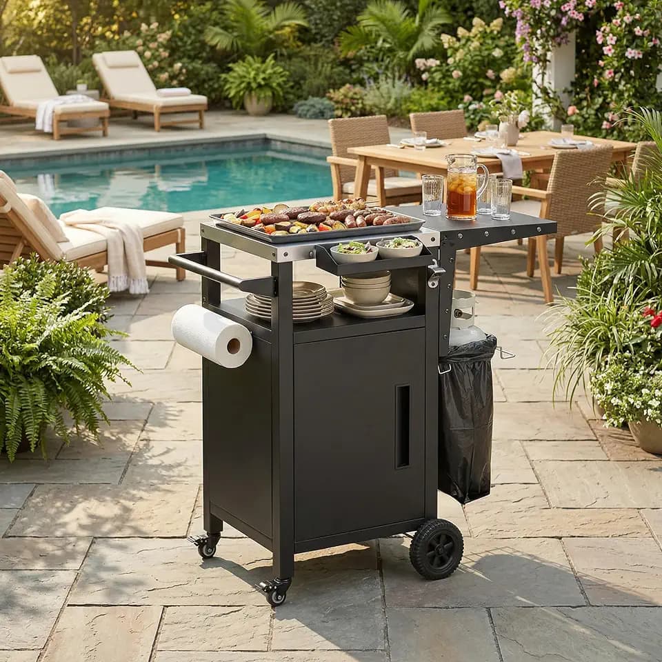 Casaphoria 33.9" Outdoor Kitchen Island BBQ Grill Cart, Stainless Steel Countertop Bar Cart with Folding Table,2 Lockable Wheels, Storage Cabinet, Spice Rack, Paper Towel Holder for Patio Lawn Garden