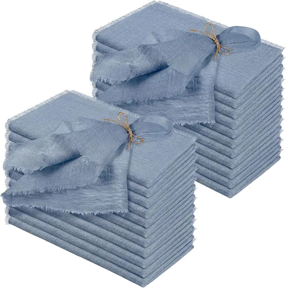 Preboun 24 Pcs Linen Napkins Bulk Cotton 17x17 Fringe, Blue