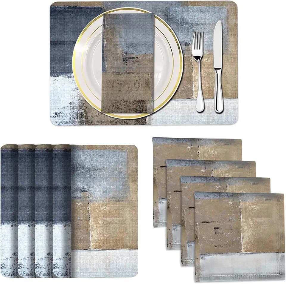 Mcalk 4 Each Brown Placemats and Cloth Napkins Set of 8, Modern Art Placemat, Abstract Dark Grey Cloth Napkin for Home Kitchen Decor (Placemats 18 "x12 Napkins 18 "x18)