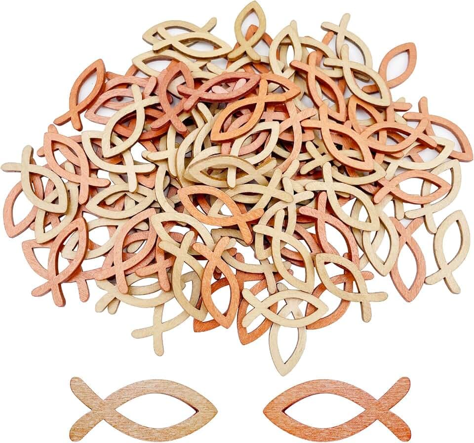 Mesybveo 120 Stück Holz Fisch Streudeko Taufe, Kommunion Deko Fische, holz fische tischdeko, Hohle holzfische für taufe Konfirmation Dekoration, Partydekorationen, Kommunion, Feste