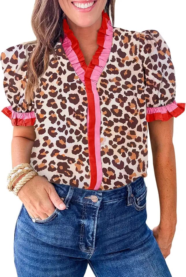 Cicy Bell Womens Summer Floral Print Tops Casual Button Down Leopard Shirts