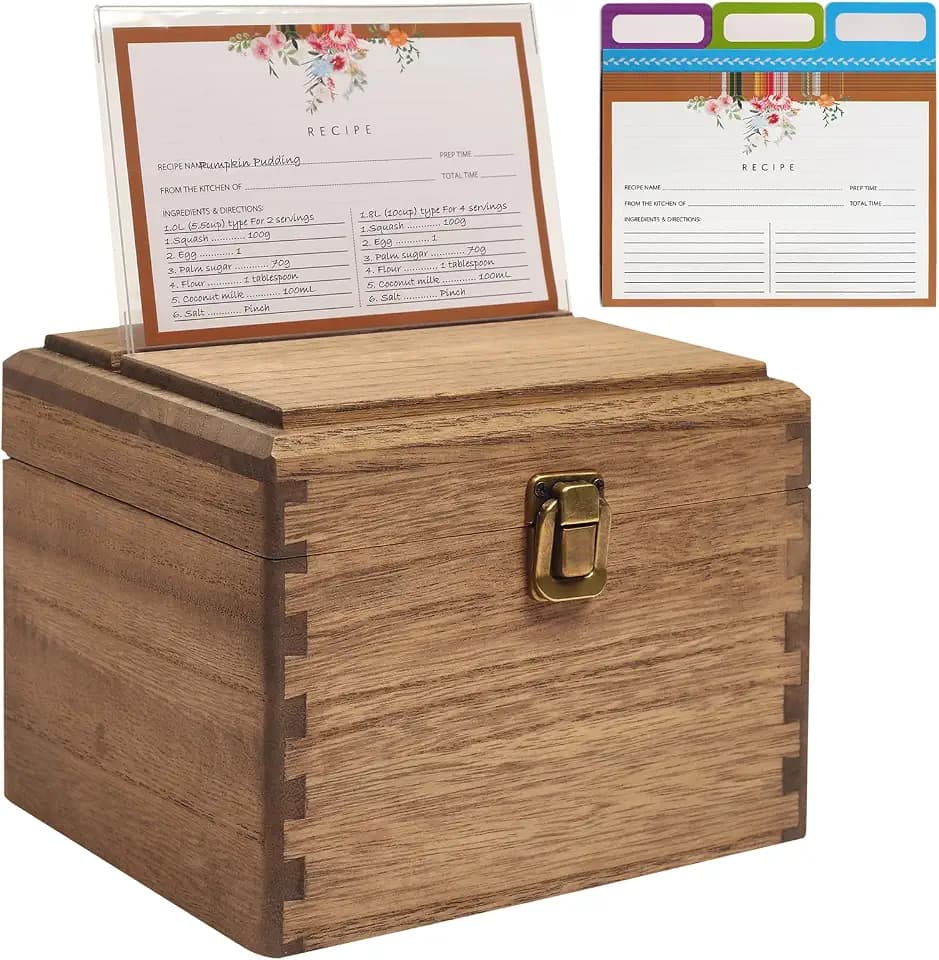KIRIGEN Wooden Recipe Box with Cards and Dividers, 2 Compartments, Brown