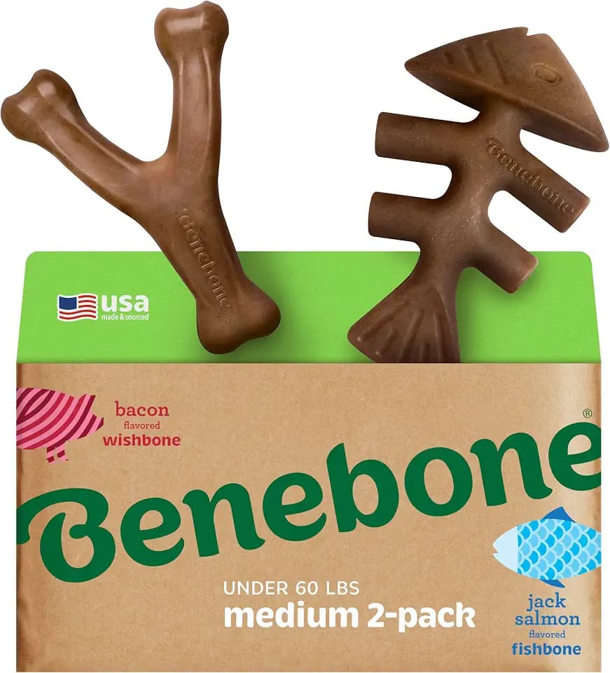 Benebone 2-pack Fishbone/Wishbone Durable Dog Chew Toys, Dog Bones, Medium