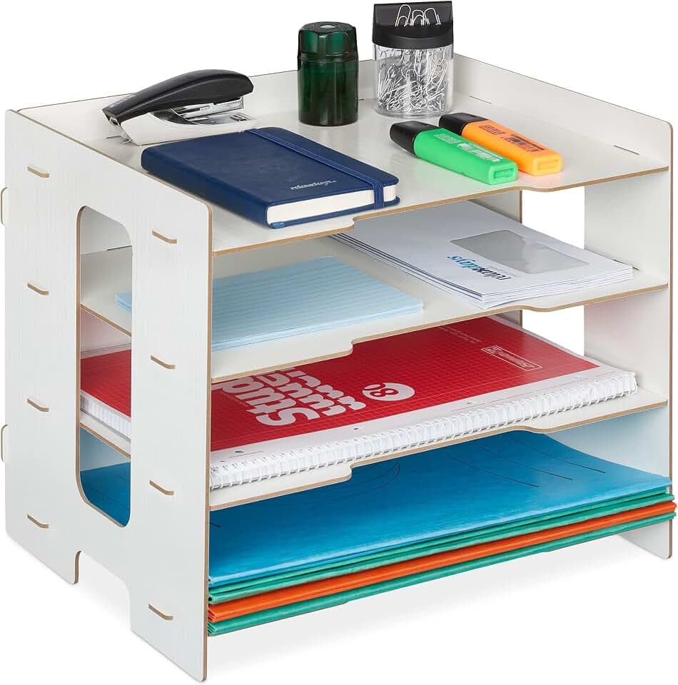 Relaxdays Briefablage, Büro Organizer aus MDF, A4 Papier, 3 Fächer, weiß