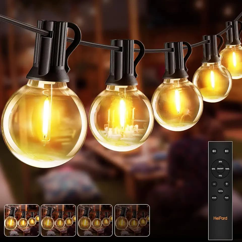 HeiPard Lichterkette Außen Outdoor Strom 10m 15 LED Glühbirnen | Lichterkette Außen Glühbirnen mit Fernbedienung, Dimmbar, Timer & Memory, Wasserdicht Warmweiß für Garten Balkon Terrasse