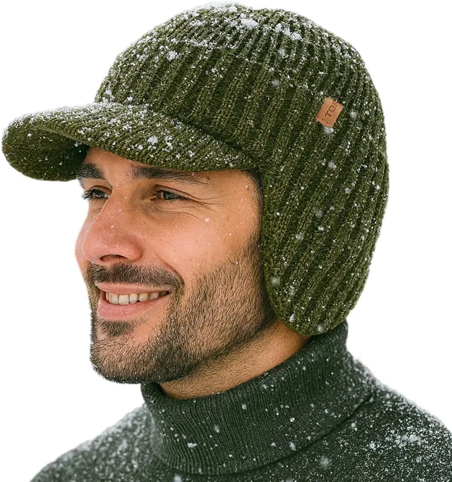 TOP-EX DryKnit Wasserdichte 80% Merinowolle, Schirmmütze für Herren, mit Ohrenklappen & Fleece gefüttert, Winter-Thermo-Golfvisier, Beanie-Mütze für kaltes Wetter, M-XXL