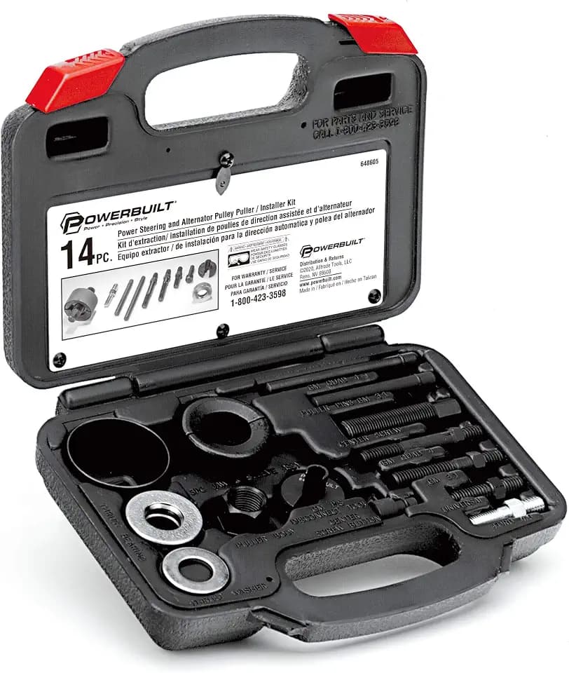 Powerbuilt Power Steering and Alternator Pulley Remove and Install Tool Set, Replace Vehicle Steering Pump, Car Repair Tools, Storage Case - 648605