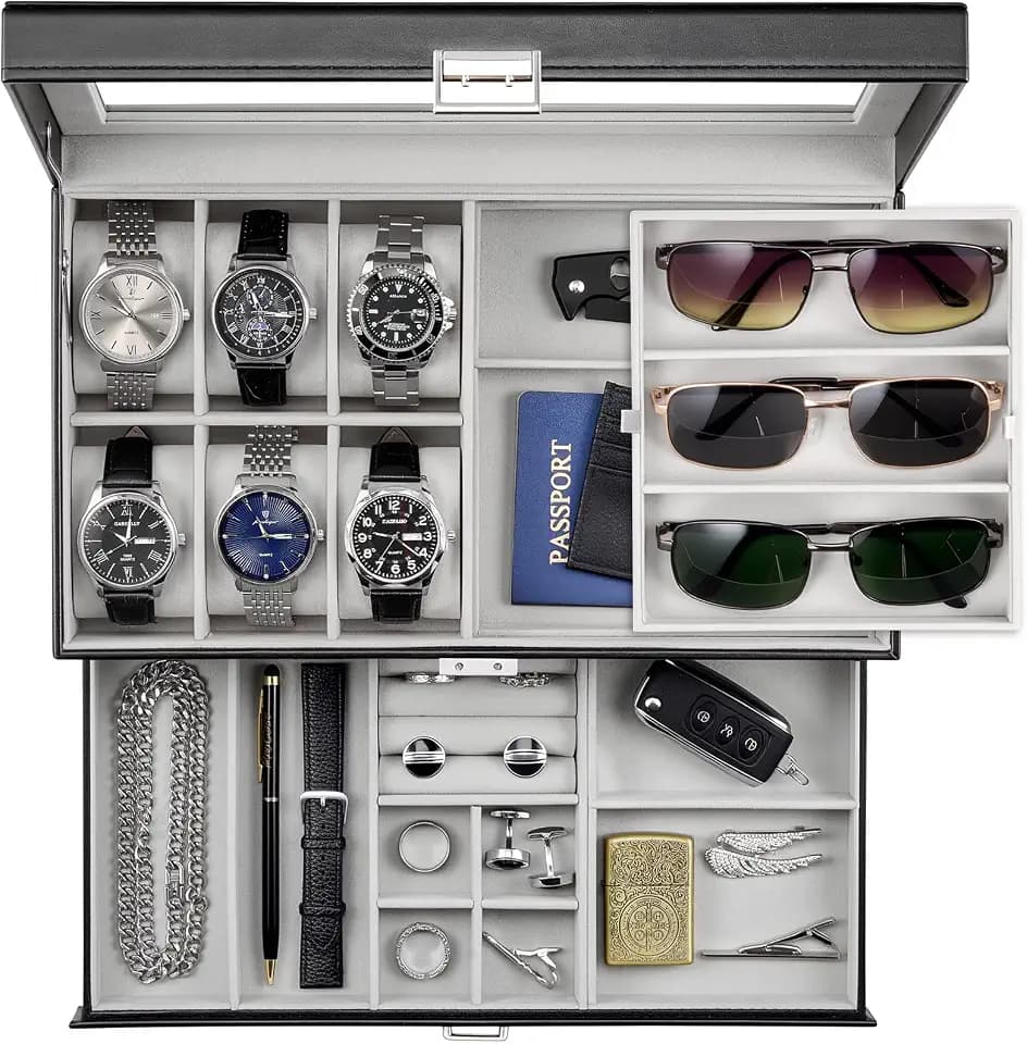ProCase Mens Jewelry Box, 6 Slot Watch Box & 3 Slot Sunglass Holder -Black