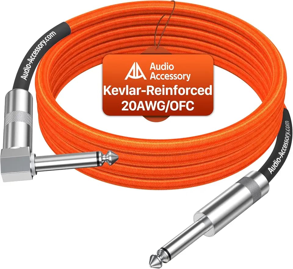 AA AUDIO ACCESSORY Right Angle Guitar Cable 10 ft, Nylon Braided Kevlar-Reinforced, 20AWG 99.99% OFC 1/4 Instrument Cable, Dual Shielded Amp Cord for Fender Electric Guitar, Neon Orange