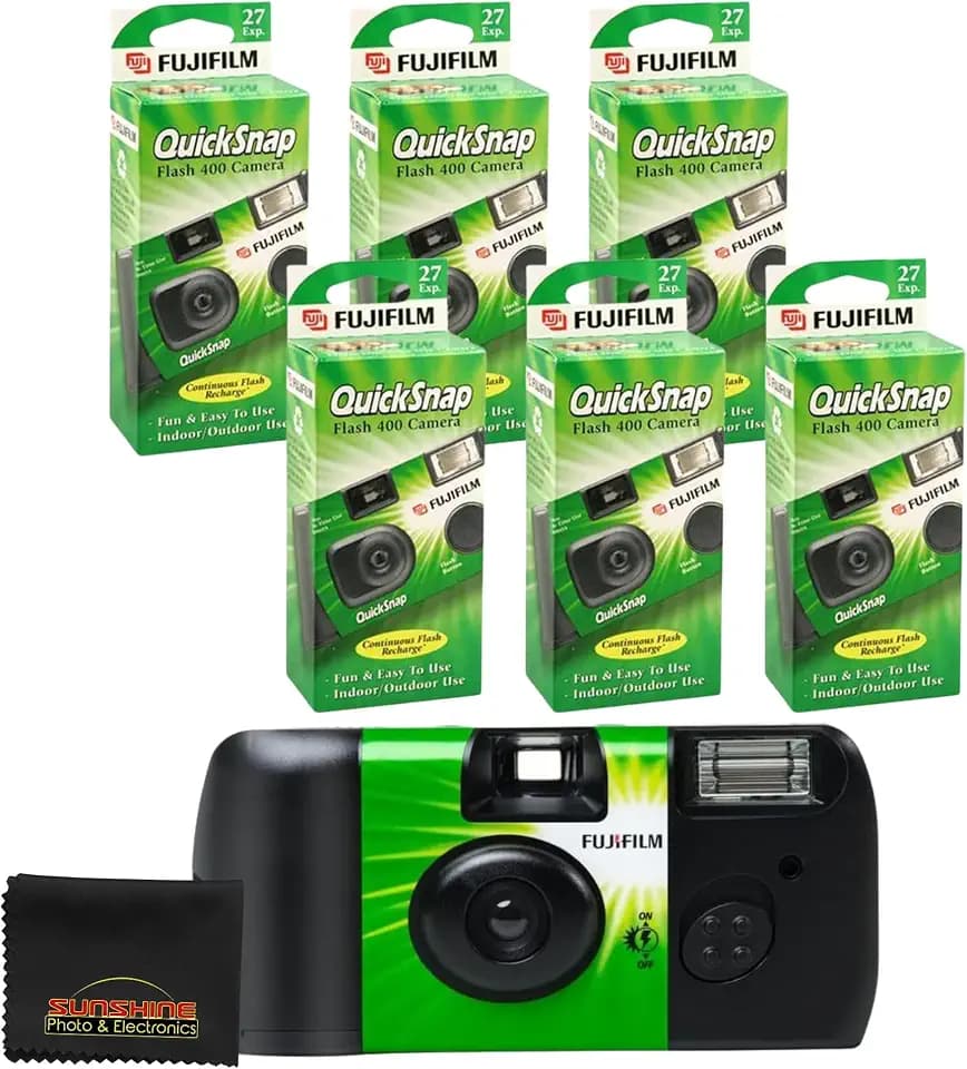 Fujifilm QuickSnap Flash 400 Camera, Fujifilm Disposable Camera with Flash, 27 Exposures with Sunshine Photo Microfiber Cloth (6 Pack)