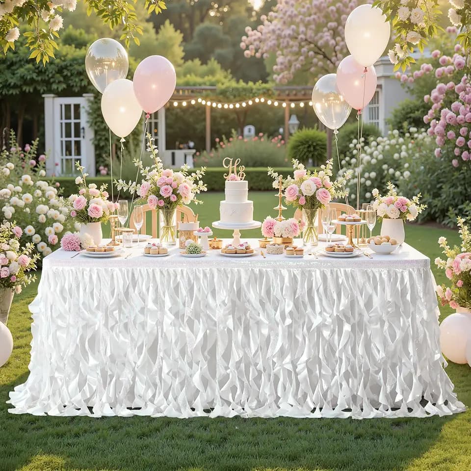 9ft White Sequin Table Skirt Curly Willow Tutu Skirts for Rectangle Tables
