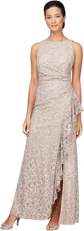 Alex Evenings Women's Long Sleeveless Mother of the Bride Dress W/Cascade Ruffle & Front Slit (Petite and Regular Sizes)