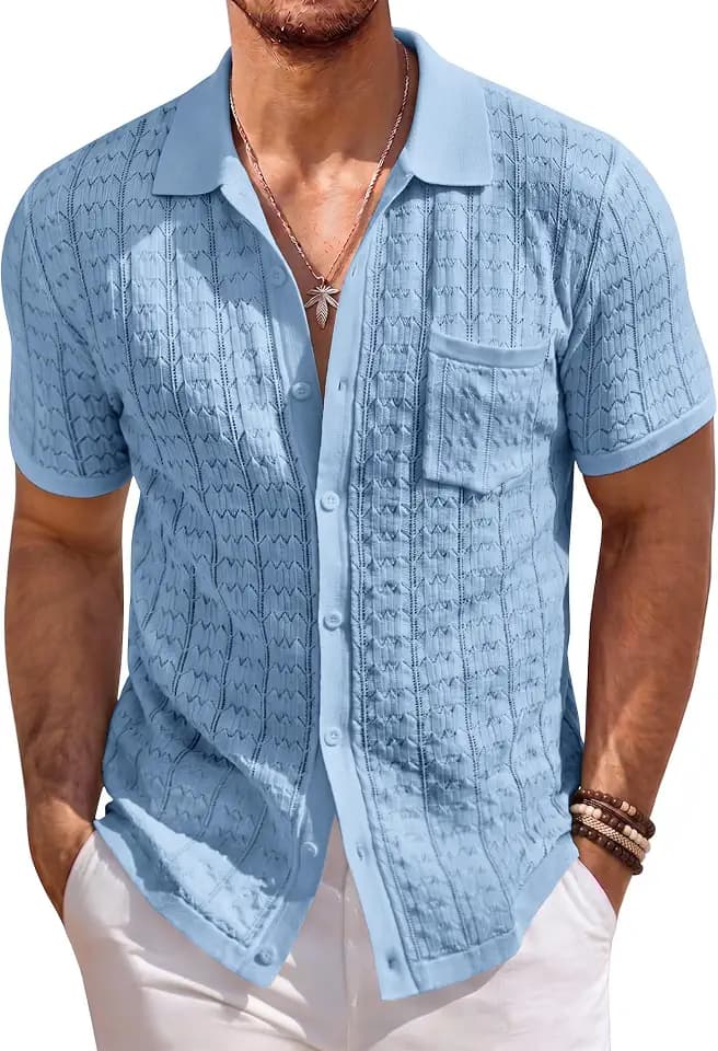 COOFANDY Men's Knit Button Down Shirt Short Sleeve Vintage Polo Shirts Summer Casual Beach Tops