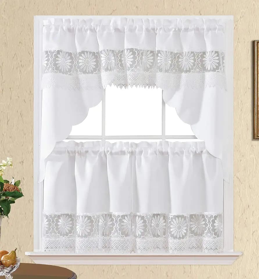 GOHD Daisy Dream Kitchen Cafe Curtain Set,with Daisy Embroidery.White,24"