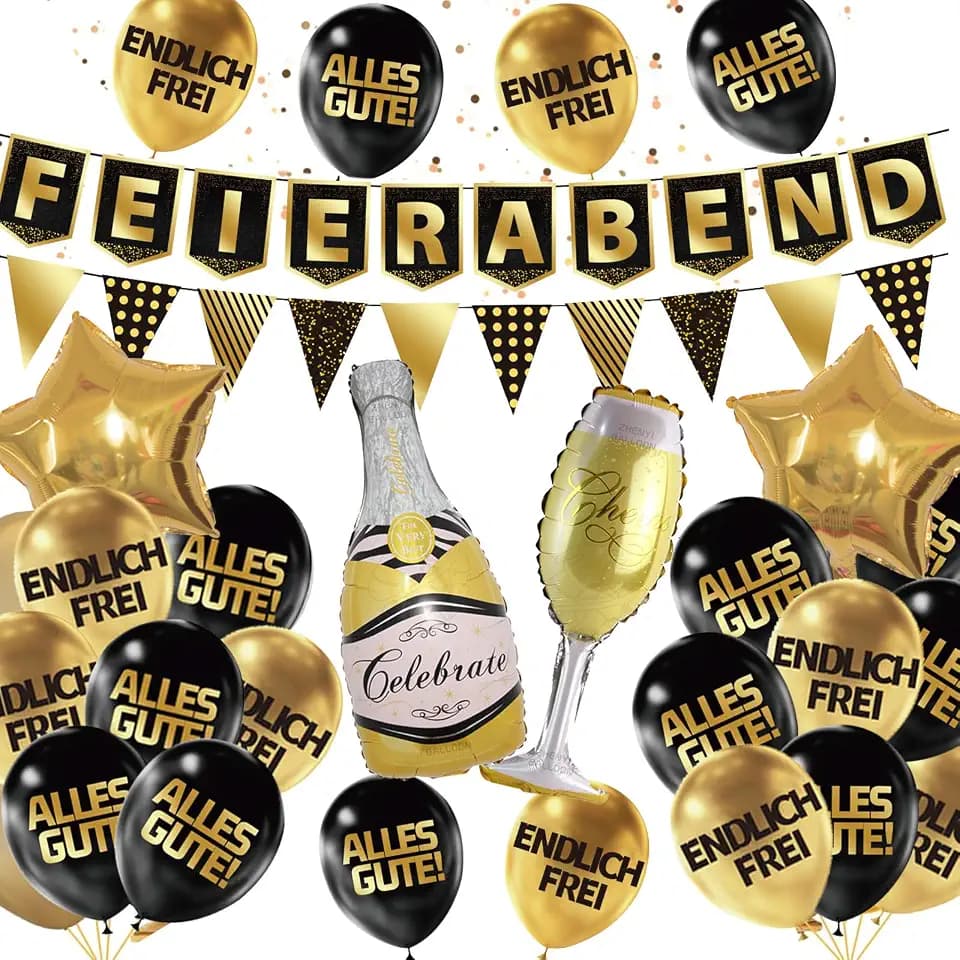 Rente Deko Feierabend Girlande Endlich Ruhestand Deko Banner Alles Gute Spiralen Folie Schwarz Gold Dekoration für Rentner Rentnerin