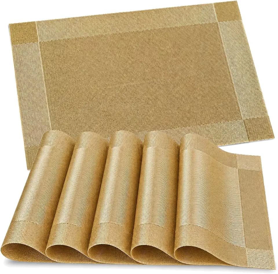 FGSAEOR Gold Textile Placemats, Non Slip Washable Dining Mats 6 Pack