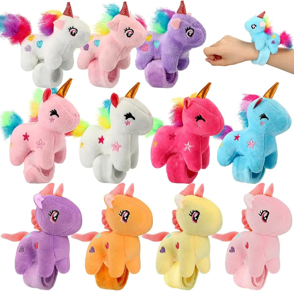 Hollowfly 24 Pcs Unicorn Slap Bracelets Plush Animal Bracelets Bulk 8 Inch Furry Slap Band Stuffed Animals for Boys Girls Unicorn Party Favors Birthday Gifts