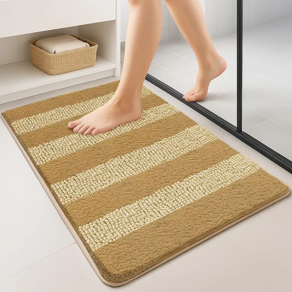 VOUNOT Chenille Badematte rutschfeste, Mikrofaser Saugfähig Badezimmerteppich, Flauschig & schnelltrocknend Maschinenwaschbar Badteppich, Super Weich Fußmatte Duschvorleger 50x80cm Beige