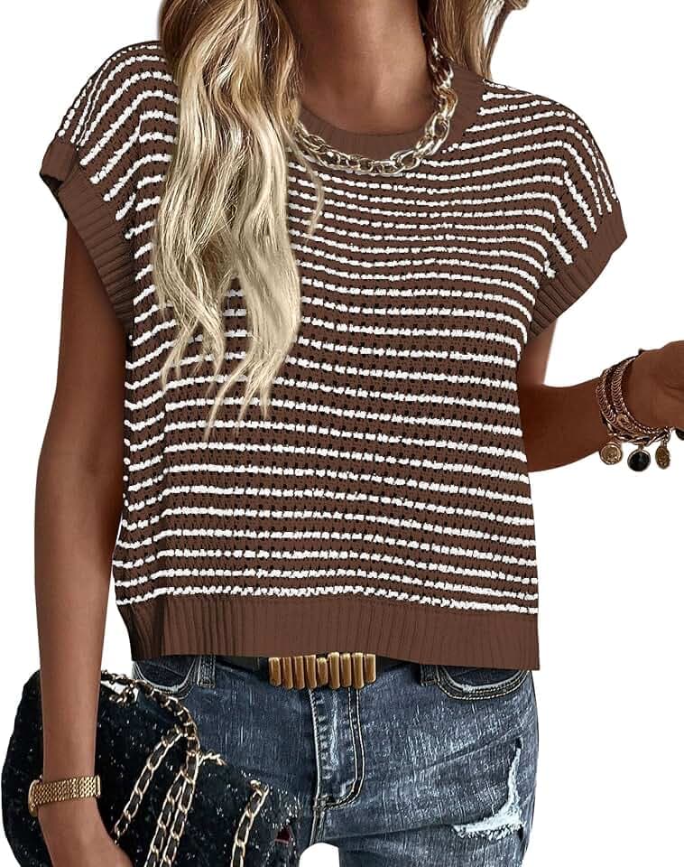 PRETTYGARDEN Women's Striped Short Sleeve Sweater Vest