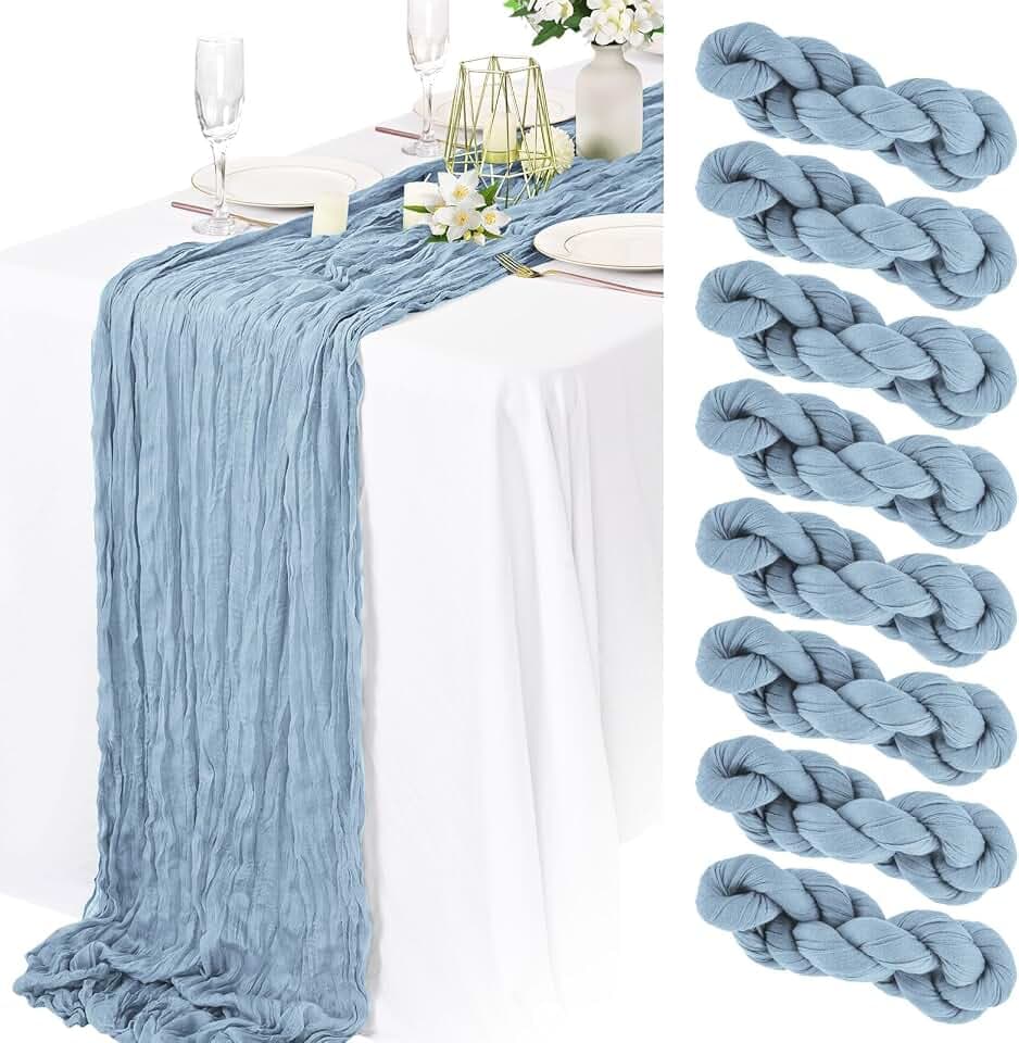 8 Pack Dusty Blue Cheesecloth Table Runner 10FT Long Boho Gauze Fabric Table Runner Vintage Rustic Sheer Runners for Wedding Party Bridal Baby Shower Table Decorations