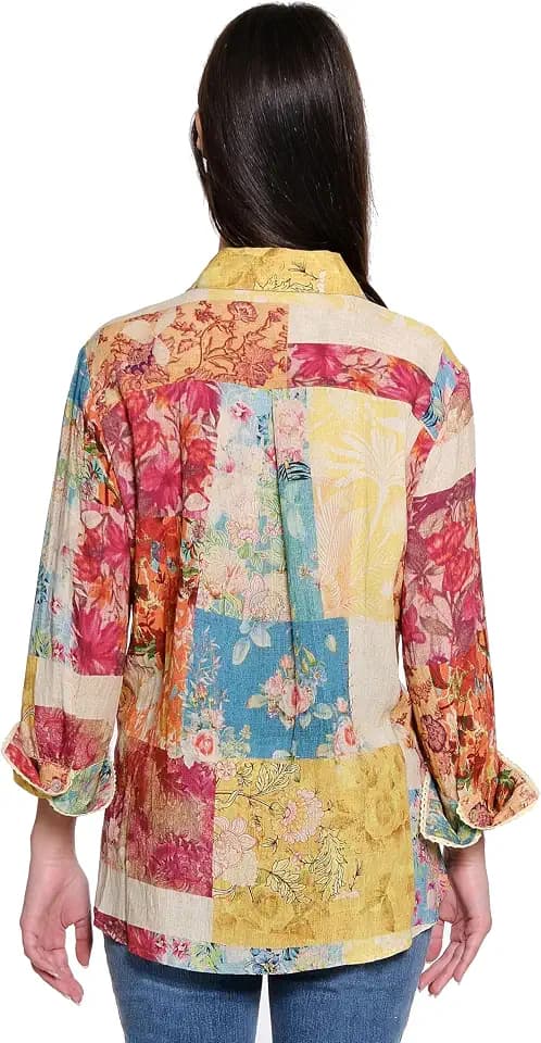 TRU Luxe Women's Patchwork Print V Collar Button Up Shirt