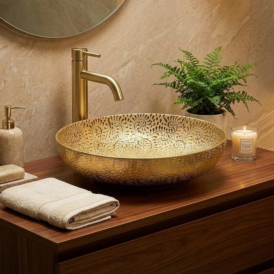 Fine Fixtures 20" x 15" Luxury Gold Vessel Bathroom Sink - Oval Ceramic Sink Bowl, Elegant Countertop Wash Basin, Perfect Sink for Vanity Top Installation
