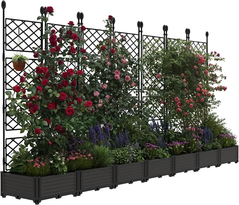 Garvee Raised Garden Bed with Trellis 7-Pack - 114" l x 16" w x 63" h Plastic Vertical Planter Box for Climbing Plants, Outdoor Privacy Screen for Patio, Balcony, Backyard - Sturdy & Lightweight