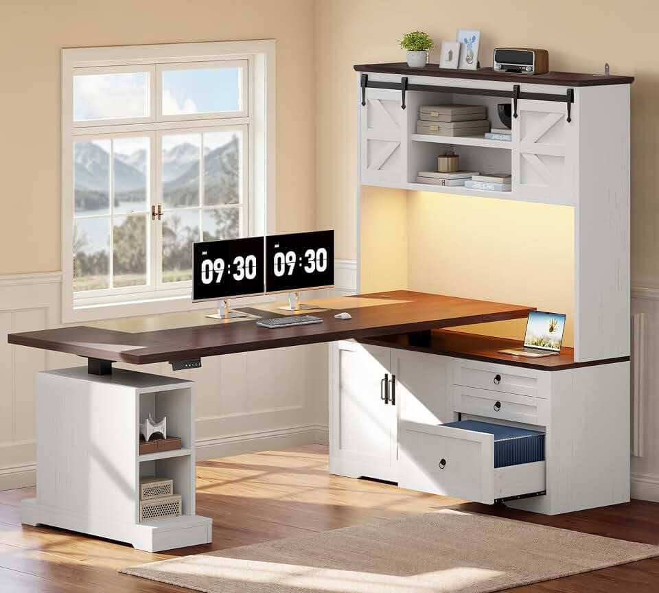 71" L Shaped Electric Standing Desk with Hutch and 3 Drawers