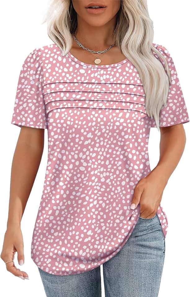 OFEEFAN Womens T Shirts Short Sleeve Tops Dressy Casual Blouses Spring Summer Outfits Flowy Pleated Front Scooped Neck