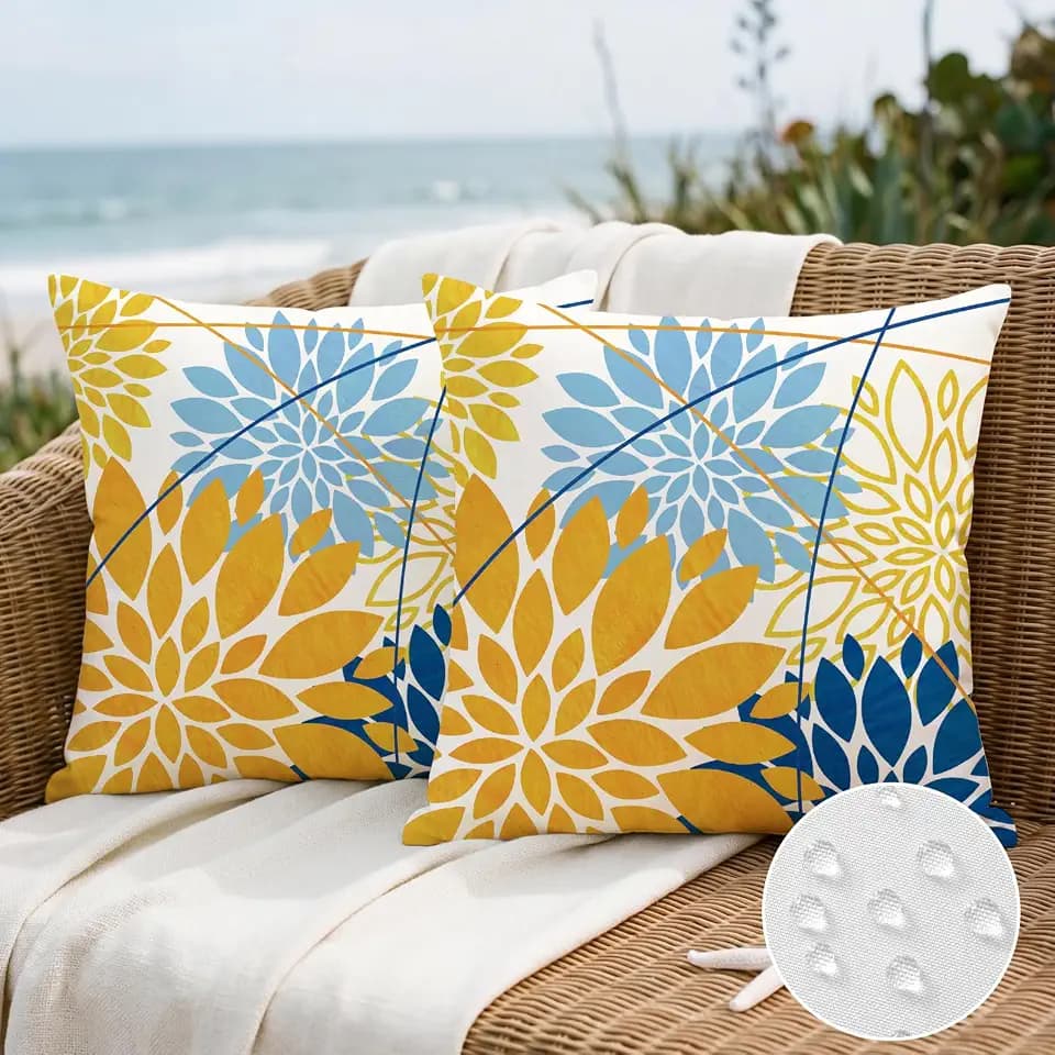 OTOSTAR Outdoor Golden Light Blue Pillow Covers 20x20 Inch Set of 2 Dark Blue Flower Throw Pillows Geometric Dahlia Floral Square Cushion Case Waterproof Decor for Sofa Patio Funiture Garden