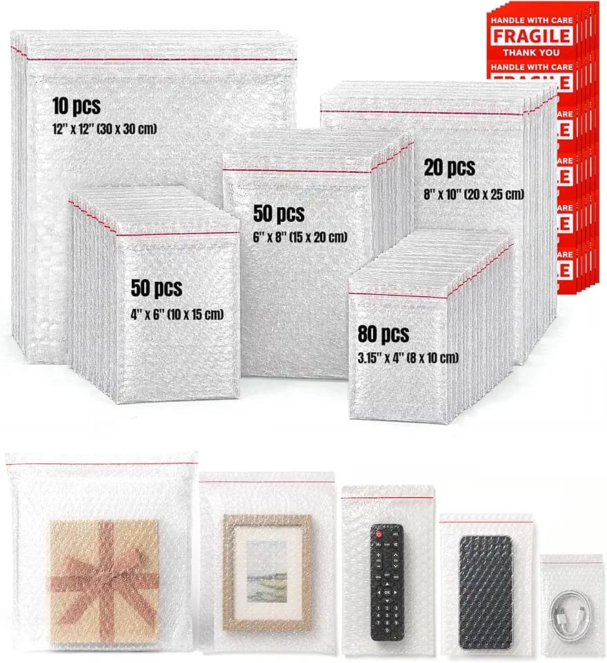 250Pcs 5 Sizes Self Sealing Bubble Wrap Pouches, 40 Fragile Sticker Label, Double Wall Large Small Bubblewrap Bags Envelopes Sleeves Mailers Sheets for Shipping Moving Packing Fragiles Dishes