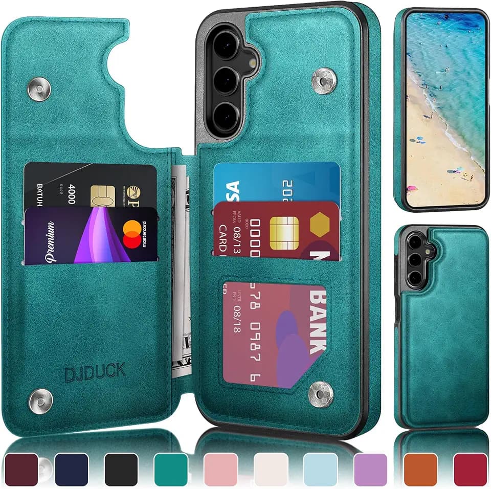 DJDUCK Designed for Samsung Galaxy S24 FE Case Wallet with Card Holder, [Magnetic Clasp Cover] [RFID Blocking Leather Protection] Shockproof Women Men Cases for Samsung S24 FE Blue Green