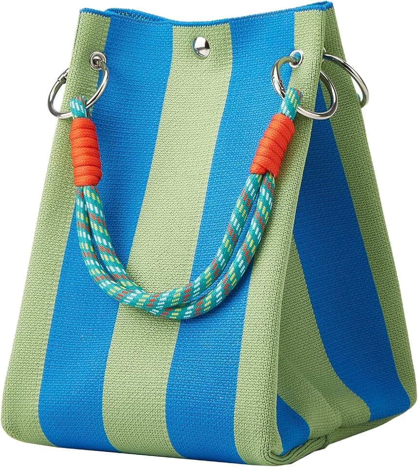 Mini Knit Tote Women Striped Crochet Bucket Handbag Small Purse Shoulder Bag Vacation Lightweight Beach Bag Travel Weekend